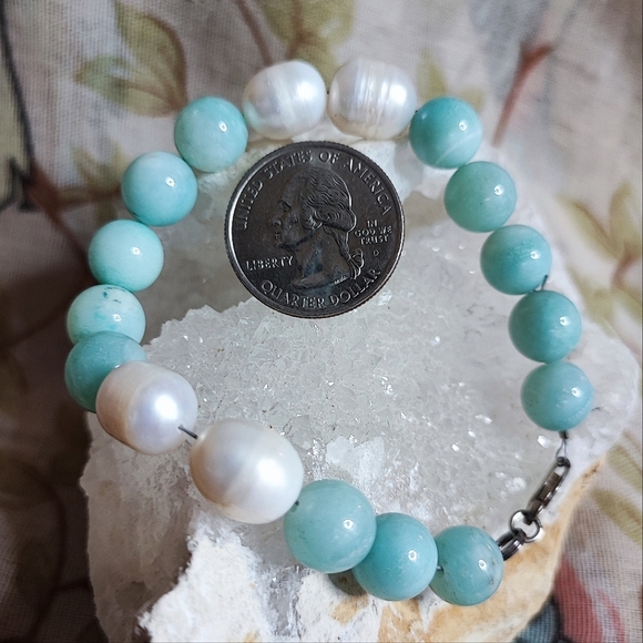 Amazonite Stone Potato Pearls Sterling Clasp Wired Artisan Bracelet - Picture 8 of 15